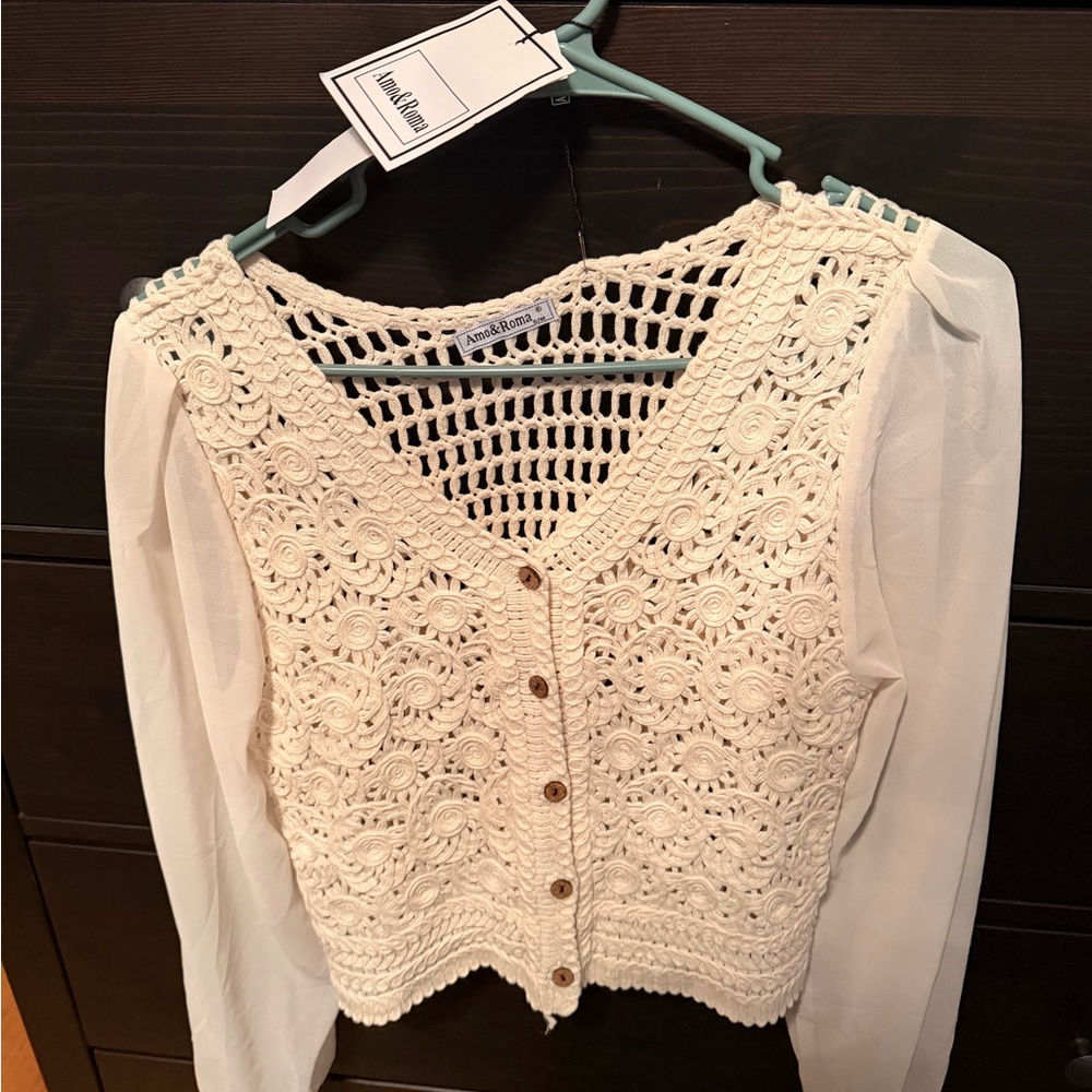 White Crochet Button-Up Blouse